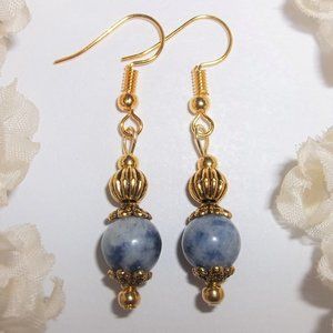 Blue Gold Earring Set Lapis Lazuli Beaded Fashion Jewelry Accessory Dangle 6333
